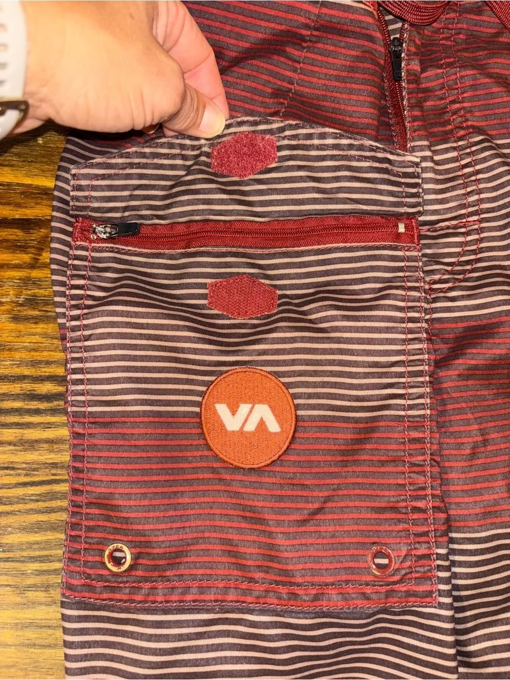RVCA Board Shorts Mens 36 Red beige Brown Striped Surf Swim Trunks Stretch 20”